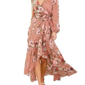 Lulus Blush Pink Floral Chiffon Ruffled Maxi Dress medium